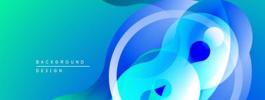 Soyut sıvı şekiller, canlı mavi renkler, modern tasarım. Gradyan geçişler dinamik görsel efekt yaratır. Minimalist kompozisyon.