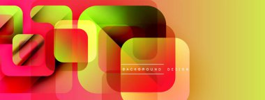 Soyut geometrik şekiller örtüşüyor, canlı renk eğimleri yaratıyor. Sarı, kırmızı, yeşil renkler tasarımda baskın. Modern afiş illüstrasyonu.