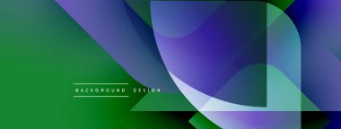 Soyut geometrik şekiller çakışıyor. Yeşil, mor, turkuaz renkler kompozisyona hakim. Arka planlar için modern tasarım ögesi.
