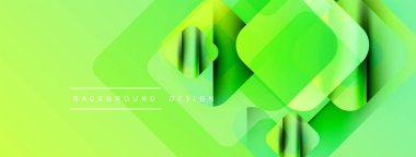 Soyut yeşil arkaplan özellikleri üst üste binen kareler, gradyanlar. Modern tasarım elementleri dinamik görsel doku oluşturur. Basit metin örtüsü mevcut.