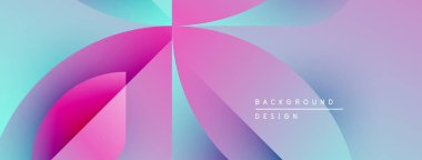 Soyut gradyanlar harmanlanır ve dinamik şekiller yaratır. Yumuşak pembeler, maviler kompozisyona hakim. En küçük metin arkaplan tasarım ögesini gösterir.