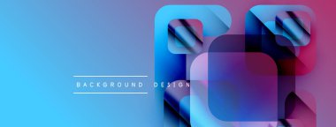 Soyut geometrik şekiller örtüşür, parlak mavi ve mor renkler yaratır. Modern tasarım elementleri dijital sanat ve teknoloji odaklı.