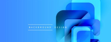 Soyut mavi tasarım katmanlı kareler, dikdörtgenler. Gradyan gölgeler derinlik yaratır, modern estetik. Metin arkaplan tasarımı okur.