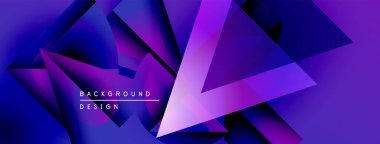 Soyut geometrik şekiller canlı mor, mavi gradyan arkaplan oluşturur. Modern tasarım elementleri teknoloji ve yenilik öneriyor.