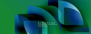 Soyut tasarım özellikleri üst üste binen mavi şekiller, yeşil zemin. Modern estetik, basit metin elementleri mevcut. Temiz, canlı kompozisyon.