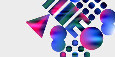 Renkli şekiller içeren soyut bir kompozisyon. Çemberler, üçgenler, çizgiler harmanlanmış canlı görsel deneyimler yaratıyor. Modern tasarım elementleri resme hakim.