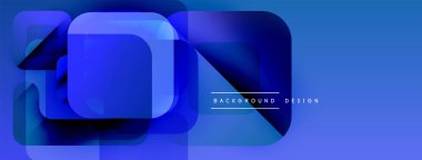 Soyut mavi şekiller örtüşür, dinamik görsel efekt yaratır. Modern tasarım elementleri teknoloji ve yenilik öneriyor. Basit metin mevcut.