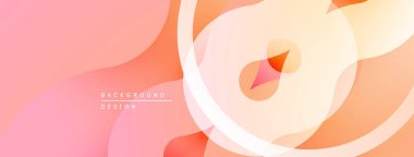 Soyut arkaplan yumuşak eğimlere, akışkan şekillere, dairesel katmanlara sahiptir. Sıcak şeftali, pembe renkler kompozisyona hakim. Minimalist tasarım.