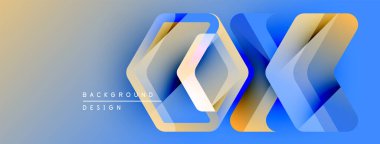 Soyut geometrik tasarım. Katmanlar, mavi ve altın rengi kullanarak derinlik yaratır. Arkaplanda metin arkaplan tasarımı var. Modern, temiz estetik.