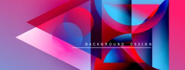 Soyut geometrik şekiller örtüşür, canlı gradyanlar yaratır. Modern tasarım pembeler, maviler, morlar, kırmızılar içerir. Metin arkaplan tasarımı okur.