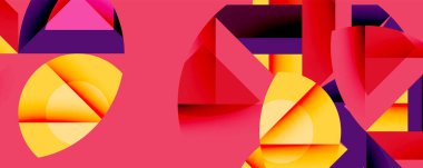 Soyut geometrik bileşim. Canlı renkler karışıyor, dinamik şekiller yaratıyor. Çemberler, üçgenler, dikdörtgenler üst üste binerek modern tasarımı oluştururlar..