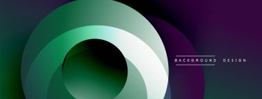 Soyut eğimler üst üste binen çemberler oluşturur. Renkler yeşilden mora dönüşüyor. Metin elemanları mevcut olan minimalist tasarım.