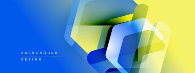 Soyut geometrik şekiller çakışıyor. Mavi, sarı gradyanlar dinamik görsel efekt yaratır. Modern tasarım elementleri yenilik ve teknoloji öneriyor.