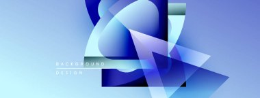 Soyut mavi şekiller üst üste binerek dinamik bileşim oluşturuyor. Renkler derinliği gösteriyor, modern tasarım estetiği. Metin arkaplan tasarımı okur.