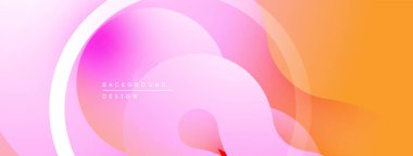 Soyut sıvı şekilleri, pembeler, portakallar dinamik bir zemin oluşturur. Yumuşak eğimler, modern tasarım elementleri mevcut. Minimalist estetik.