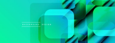 Soyut geometrik desen. Turkuaz, yeşil gradyanlar modern tasarım yaratır. Üst üste binen kareler, dikdörtgenler derinlik ve hareket olduğunu gösteriyor. Mevcut en küçük metin.