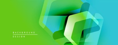 Soyut geometrik şekiller örtüşür, canlı yeşil mavi gradyan yaratır. Modern tasarım teknoloji, yenilik ve enerji öneriyor.