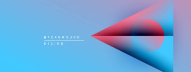 Soyut geometrik tasarım. Mavi eğimli arka plan, üst üste binen şekiller, kırmızı daire, keskin açılar, modern estetik. Metin arkaplan tasarımı okur.