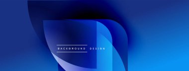 Soyut mavi eğimler akan şekiller yaratır. Modern tasarım katmanlı biçimlerde üstü örtülmüş metinler içerir. Minimalist estetik.