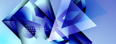 Soyut geometrik şekiller örtüşerek dinamik mavi gradyan arkaplan oluşturur. Modern tasarım elementleri teknoloji ve yenilik öneriyor.