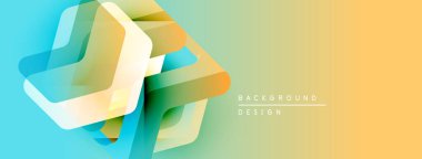 Soyut geometrik şekiller örtüşür, canlı bir gradyan arkaplan oluşturur. Sarı, turkuaz, turuncu renkler düzgün bir şekilde harmanlanır. Modern tasarım ögesi.
