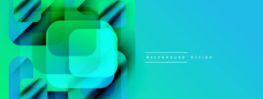 Soyut geometrik şekiller örtüşür, canlı bir değişim etkisi yaratır. Mavi, yeşil renkler tasarıma egemen, modern estetik.