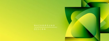 Soyut yeşil arkaplan tasarımı. Üst üste binen şekiller dinamik görsel efekt yaratır. Gradyan renkler derinlik ekler, modern estetik.