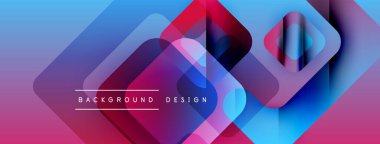 Soyut geometrik şekiller örtüşüyor, canlı renk eğimleri yaratıyor. Mavi, pembe, mor renkler tasarımda baskın. Modern estetik.