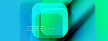 Soyut geometrik katmanlar parlak mavi ve yeşil gradyan oluşturur. Modern tasarım üst üste binen kareler, dikdörtgenler içerir. Metin arkaplan tasarımı okur.