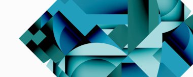 Soyut geometrik bileşim. Mavi gölgeler baskın, dinamik şekiller yaratıyor. Keskin açılı, düz kıvrımlı minimalist tasarım. Modern estetik.