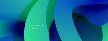 Soyut akışkan şekiller, canlı maviler, yeşiller modern arka plan yaratır. Yumuşak eğimler hareketi, derinliği gösterir. Minimalist tasarım.