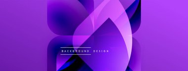 Soyut mor tasarım. Üst üste binen şekiller dinamik görsel efekt yaratır. Modern, değişken renk şeması. Basit metin ögesi mevcut.