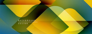 Soyut geometrik şekiller örtüşüyor, canlı renk eğimleri yaratıyor. Sarılar, yeşiller, maviler kusursuz bir şekilde harmanlanır. Modern tasarım ögesi.
