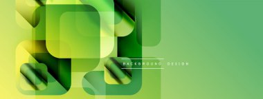 Soyut geometrik şekiller üst üste binerek katmanlı yeşil görüntü oluşturuyor. Modern tasarım elementleri teknoloji ve yenilik öneriyor. Yumuşak eğimler derinliği artırır.