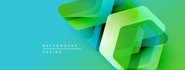 Soyut geometrik şekiller örtüşüyor, canlı yeşil, mavi renkler yaratıyor. Arkaplanda metin arkaplanı ve tasarım var. Modern, dinamik kompozisyon.