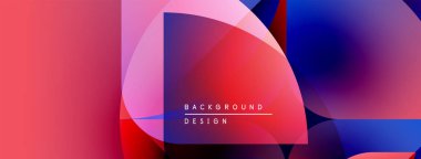 Soyut geometrik şekiller örtüşüyor, canlı renk eğimleri yaratıyor. Pembe, kırmızı, mavi renkler kompozisyona hakim. Modern tasarım ögesi.