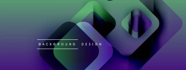 Soyut geometrik şekiller örtüşür, canlı gradyanlar yaratır. Mor, yeşil renkler tasarıma egemen, modern estetik.