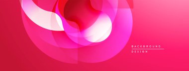 Soyut pembe tasarım özellikleri üst üste binen şeffaf daireler, kareler. Gradyan arka plan dinamik görsel efekt yaratır. Modern, minimalist stil.