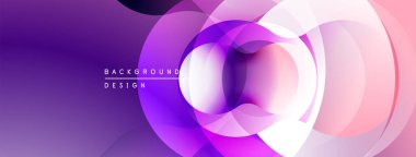 Soyut daireler örtüşüyor, canlı mor, pembe gradyanlar yaratıyor. Modern tasarım, pürüzsüz geçişler, dinamik kompozisyon.