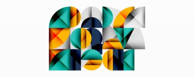 Soyut geometrik bileşim. Şekiller örtüşüyor, dinamik görsel doku oluşturuyor. Renkler arasında deniz mavisi, turuncu, deniz mavisi, gri var. Modern tasarım.