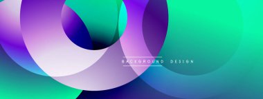Soyut, enerjik çemberler çakışıyor. Renkler karışık mor, deniz mavisi, yeşil. Arkaplan ve sunumlar için modern tasarım ögesi.