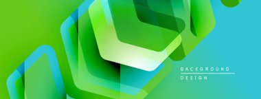 Soyut geometrik şekiller örtüşüyor, canlı yeşil, mavi renkler yaratıyor. Modern tasarım teknoloji, yenilik ve enerji öneriyor.