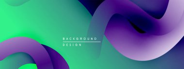 Soyut sıvı şekilleri canlı yeşil, mor ve mavi renkleri harmanlar. Modern tasarım hareketi, enerjiyi ve derinliği çağrıştırıyor. Minimalist estetik.