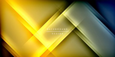 Soyut geometrik tasarım. Üst üste binen katmanlar dinamik ışık ve gölge efektleri yaratır. Sarı, mavi gradyanlar koyu arkaplana hakim. Modern estetik.