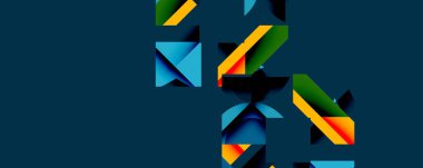 Soyut geometrik şekiller örtüşür, dinamik bileşim yaratır. Canlı renkler harmanlanır, derinlik, hareket, modern tasarım.