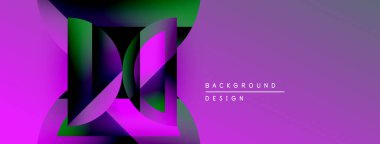 Soyut mor, yeşil tasarım. Üst üste binen şekiller dinamik görsel efekt yaratır. Metin elemanları mevcut modern arkaplan.
