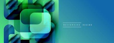 Soyut geometrik şekiller çakışıyor. Renkler yeşilden maviye karışıyor. Modern tasarım teknoloji ve yenilik öneriyor. Minimalist estetik.