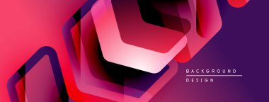 Soyut geometrik şekiller örtüşür, parlak pembeler ve morlar yaratır. Modern tasarım dinamik enerji ve görsel ilgi öneriyor.