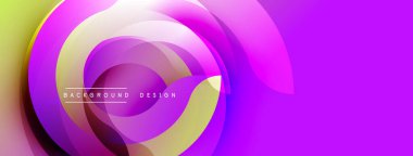 Soyut enerjik tasarım. Dairesel katmanlar dinamik akış yaratır, mor ise sarı aksanlı. Modern estetik, pürüzsüz eğimler.