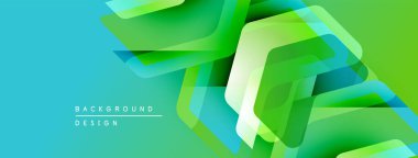 Soyut geometrik şekiller örtüşüyor, canlı yeşil, mavi renkler yaratıyor. Modern tasarım elementleri dinamik hareket, görsel enerji.